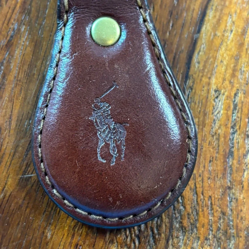 Polo Ralph Lauren Vintage Brown Leather Keychain Brass Pony Logo Fob